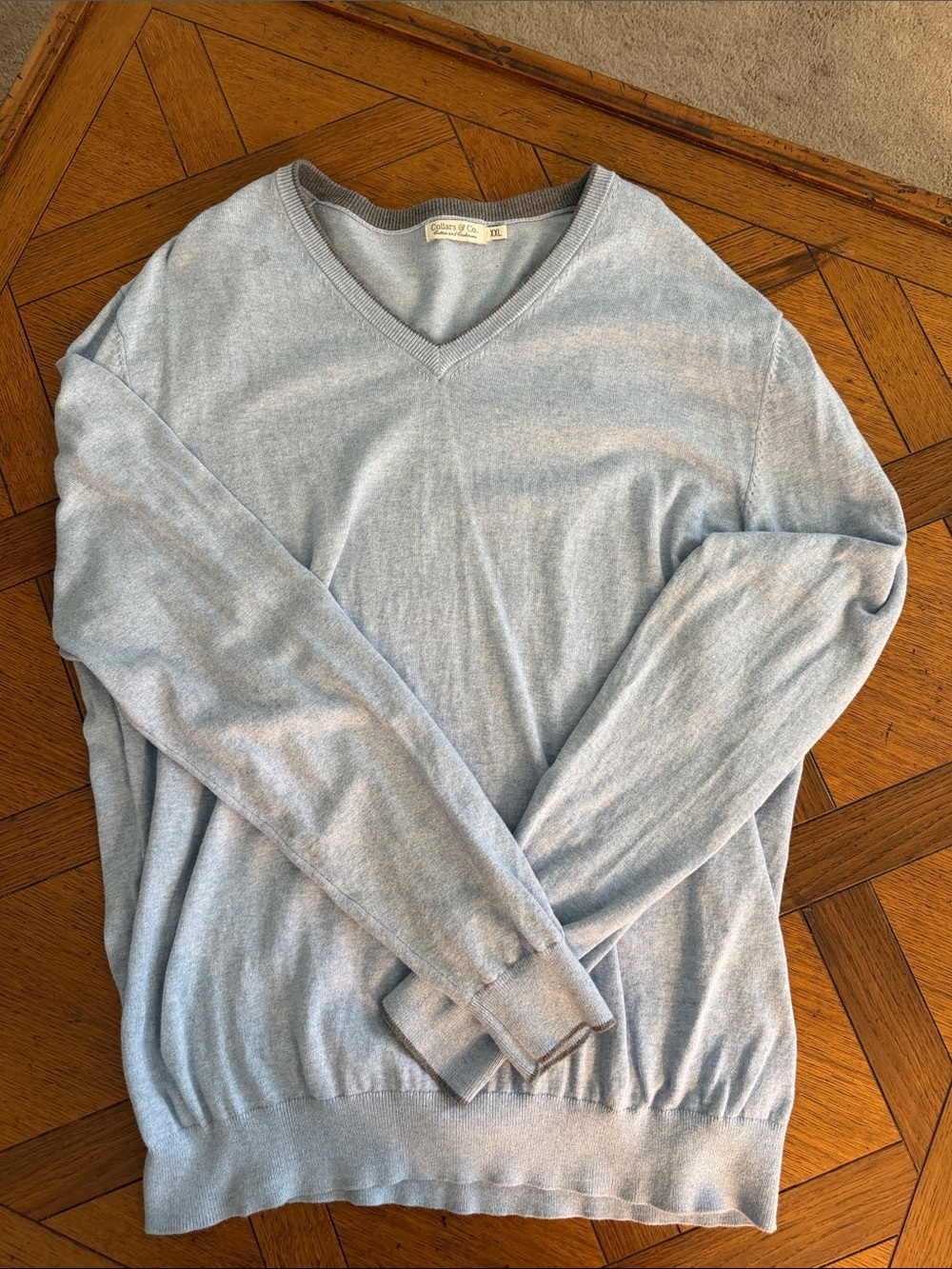Mens Collars & Co Cotton & Cashmere Light Blue V-Neck Men's Sweater Size XXL